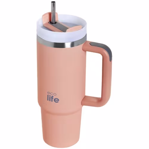 Ecolife - Stainless Steel Thermos Cup with Straw 900ml Flamingo Pink